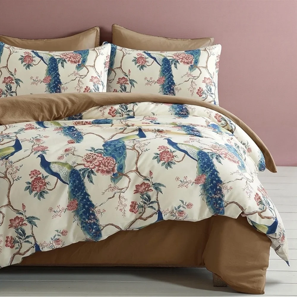 NEW Anthropologie Peacock Print Cotton Boho King Floral Bedding Duvet & Sham Set